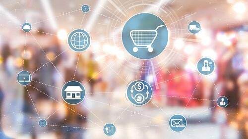 Blurred store background with shopping, shipping, logistics icons representing omnichannel fulfillment
